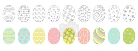 Illustration for Set of black and white and coloured vector Easter eggs. Symbols of the religious feast in a flat style. Isolated objects. - Royalty Free Image