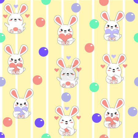 Illustration for Children's seamless pattern. Hare and rabbit with hearts and balloons on yellow background with white stripes. Cute cute cartoon animals for wallpaper, paper and fabric in flat style. - Royalty Free Image