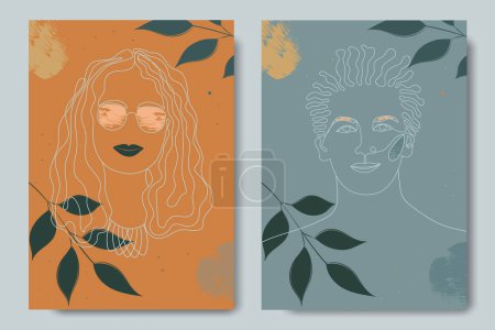 Foto de Resumen inventó rostros de un hombre y una mujer en un estilo minimalista. Surrealismo en la representación de una chica y un chico. Dos patrones modernos de naranja y azul usando dos de ella y plantas. - Imagen libre de derechos