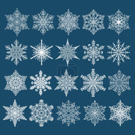 Foto de Colección de copos de nieve vectoriales. Conjunto de veinte iconos blancos de invierno sobre un fondo azul. - Imagen libre de derechos