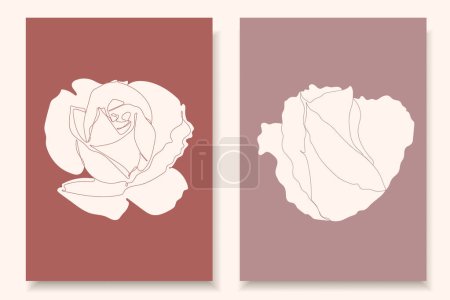 Illustration for Rose. Two backgrounds in peach tones with floral elements. Isolated flowers in linear technique. - Royalty Free Image