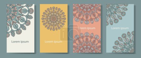 Illustration for Mandala in the design of cards, invitations, labels, flyers. Four colorful backgrounds in ethnic style. - Royalty Free Image