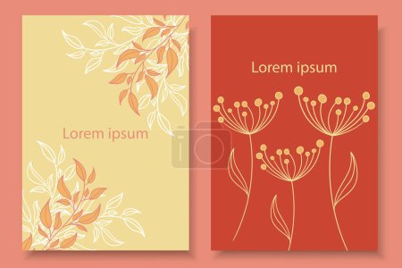 Two backgrounds in autumn colours with delicate plant elements. Branches with leaves and delicate flower in design of autumn banner, invitation, flyer, background. Minimalism in your design. EPS10