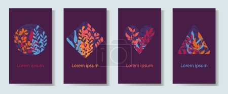 Set of backgrounds in purple colour with bright plant elements and abstract figures. Branches and leaves in the design of autumn banner, invitation, flyer, background. EPS10