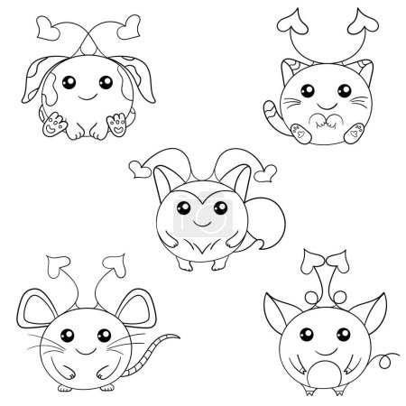 Conjunto de cinco monstruos blanco y negro. Perro redondo, gato, zorro, rata, lechón con cuernos en forma de corazón. Ilustración de estilo plano para colorear.  