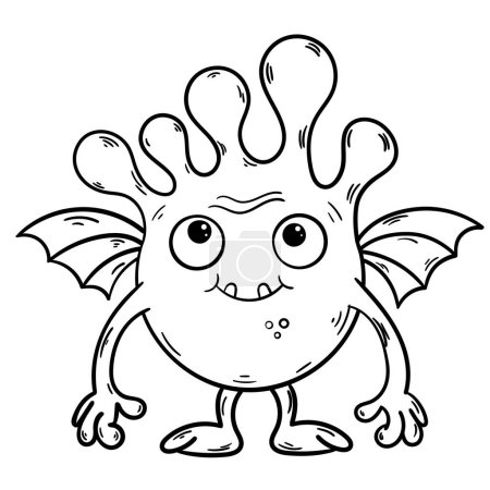 White monster with black outline for a colouring book. Isolated cartoon alien. Cute round gremlin.