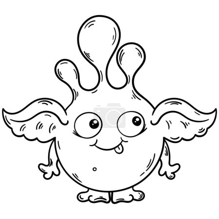 Monster in white with black outline for colouring. Isolated cartoon alien. Cute round gremlin. Cute bogeyman.