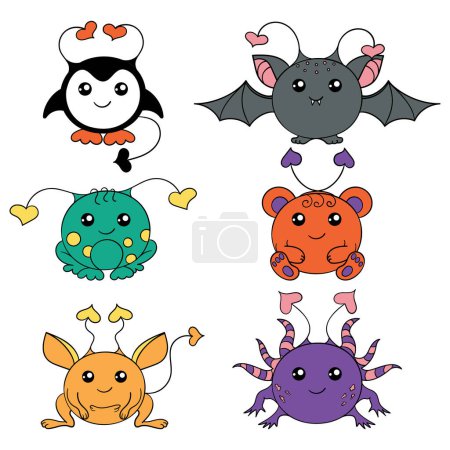 Set of six colourful round monsters in the shape of a penguin, bat, kangaroo, bear, frog, oxolotl with hearts on their heads.
