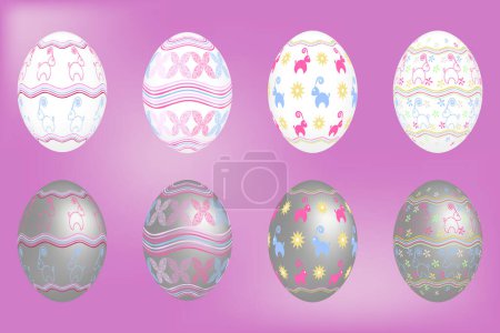 Ilustración de Huevos volumétricos de Pascua de color blanco y gris sobre un fondo púrpura con un delicado patrón en forma de líneas onduladas, flores y corderos baa. Vector - Imagen libre de derechos