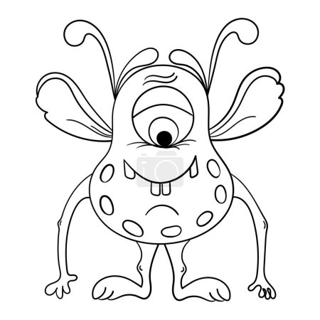 The smiling monster. Cute alien. A cartoon gremlin. Flat microbe. Illustration with outline for colouring in.