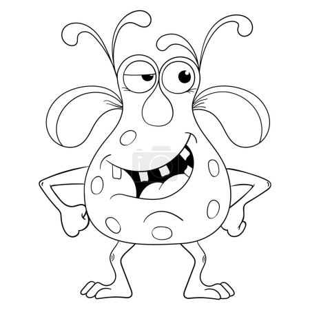 A smiling black and white monster. A funny cartoon alien. A funny microbe. Illustration for colouring in.