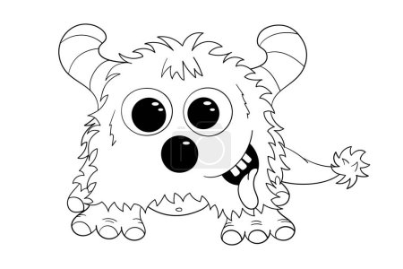 A shaggy monster with horns, a bald tummy and a tail. Smiling alien. Picture for colouring.