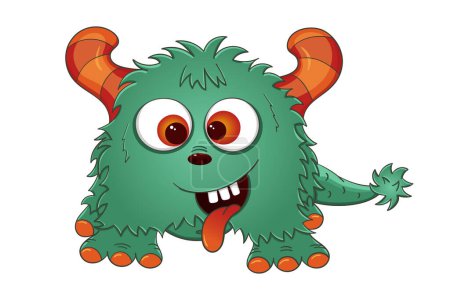 Fluffy green coloured monster with brown horns, long tongue and tail. A kind cartoon character. Funny alien. Children's illustration.