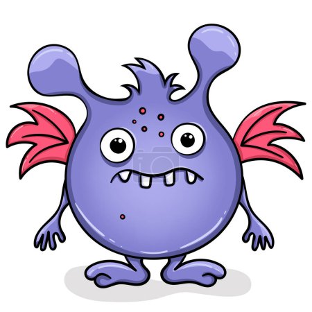 Ein lila Monster mit rosa Flügeln. Vektorfremd. Zeichentrickfigur. Lustige Mikrobe.