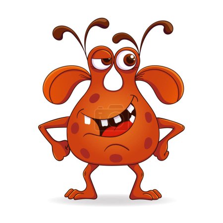 A smiling two-eyed orange monster. A funny cartoon alien. Funny bubbly microbe.