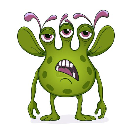 A green monster with three eyes. A scary alien. A disgusting microbe with big teeth.