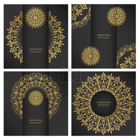 Quatre décors carrés en noir avec un mandala en or. Ornement de luxe dans la conception d'une carte, invitation, couverture, emballage.