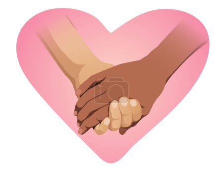 Téléchargez les illustrations : Illustration de mains interraciales tenant avec fond de coeur - en licence libre de droit