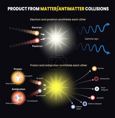 Illustration for Illustration of matter and antimatter collisions infographic - Royalty Free Image