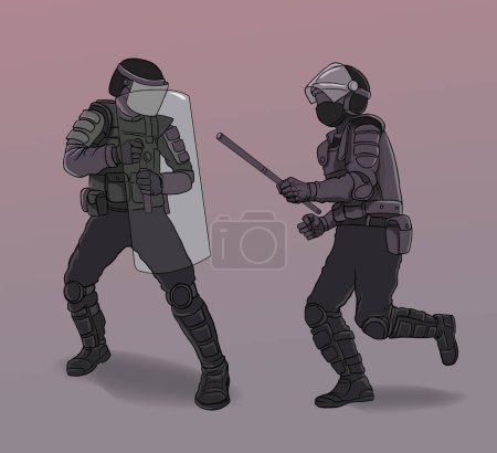 Ilustración de Ilustración de la policía antidisturbios, control de multitudes - Imagen libre de derechos