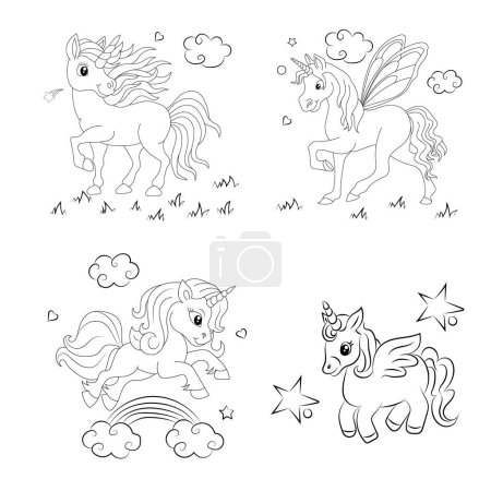 Illustration for Set of Unicorn kids coloring page vector - Royalty Free Image