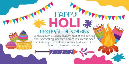Téléchargez les illustrations : Happy Holi coloré modèle de bannière célébration du festival hindouisme indien, conception d'affiches de médias sociaux et modèle de bannière horizontale pour la célébration du festival Holi - en licence libre de droit