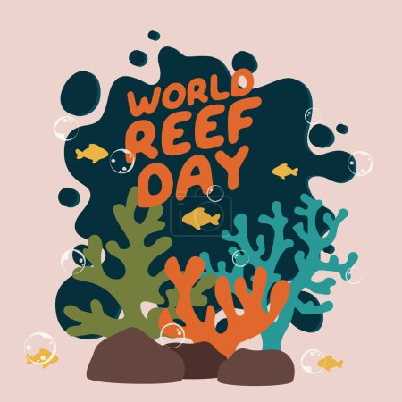 Téléchargez les illustrations : Modèle de conception Journée mondiale des récifs pour la célébration. Conception vectorielle Journée mondiale des récifs. Reef Illustrtrasion vectorielle avec bulle et poisson. conception vectorielle plate. - en licence libre de droit