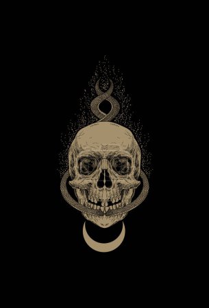 Illustration for Skull head surrounded by snakes and a glowing moon artwork illustration - Royalty Free Image