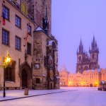 Early freezing morning on the Old Town Square (Staromstsk Nmst)  covered in fresh snow  in Prague.