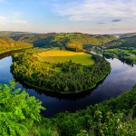 A lookout over the Solenicka podkova bend on the Vltava river  in Czech republic during sunset. 