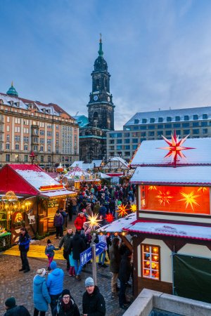 Photo for Dresden, Germany, 18.12.2022 - Dresdner Striezelmarkt Christmas market on the Altmarkt square in blue hour - Royalty Free Image