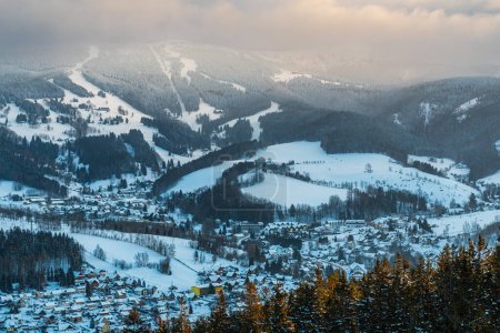 Photo for Rokytnice nad Jizerou and Krkonose mountains in the winter sunrise. - Royalty Free Image