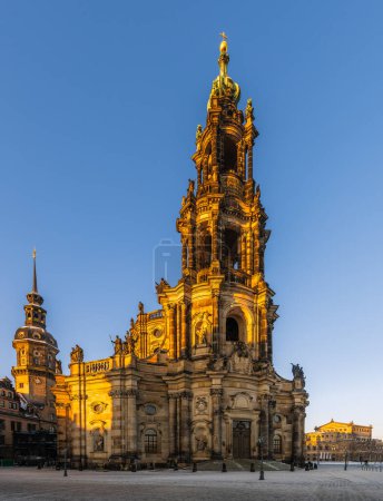 Photo for Dresden Cathedral, or the Cathedral of the Holy Trinity in the old town of Dresden lighten up by morning sun. - Royalty Free Image
