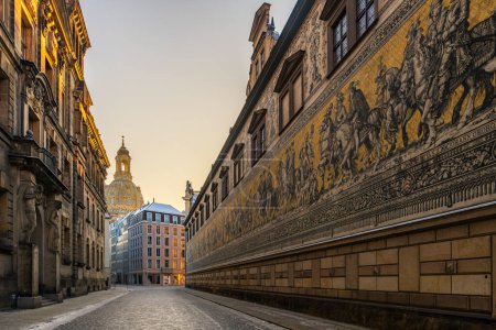 The Furstenzug (English: Procession of Princes) early in the morning in Dresden, Germany, is a large mural of a mounted procession of the rulers of Saxony.