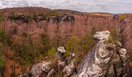 Les rochers de Tisa ou les murs de Tisa dans les montagnes de grès de l'Elbe occidental par une journée nuageuse. 