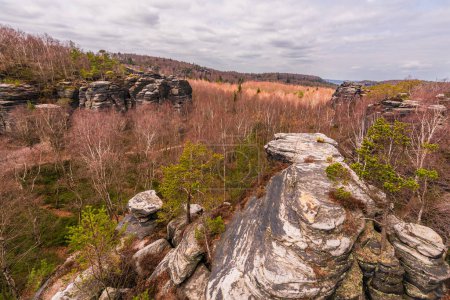 Les rochers de Tisa ou les murs de Tisa dans les montagnes de grès de l'Elbe occidental par une journée nuageuse. 