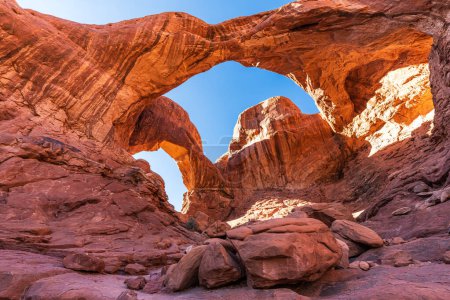 The Double Arch rock formation in the Arches National park near Moab, Utah USA.