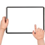 Digital tablet with blank display in child's hands isolated on white background, copy space