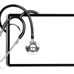 Digital tablet with empty display and stethoscope isolated on white background