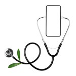 Blank smartphone and stethoscope with green leaves isolated on white background. Alternative or herbal medicine concept