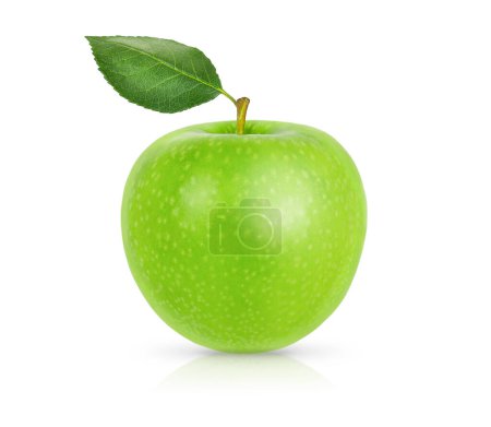 Foto de Manzana verde con hoja aislada sobre fondo blanco. Concepto de alimentación saludable - Imagen libre de derechos