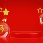 Red podium with transparent Christmas balls and golden stars on red background