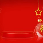 Christmas podium for product display with golden ornaments and transparent balls, red ornate background