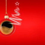 Christmas concept. Hanging red Christmas ornament with coffee and steam in shape of Christmas tree on red background