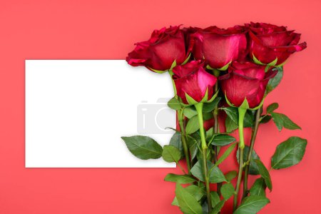 Red roses with blank white greeting card, top view with copy space