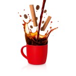 Red mug with splashing coffee, cinnamon sticks and coffee beans isolated on white background