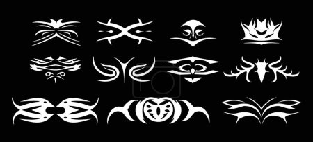 Téléchargez les illustrations : Ensemble d'illustration blanche de dessins de tatouage de symbole tribal gothique noir concept fond noir - en licence libre de droit
