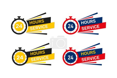 Illustration for Vector 24 hours service label with clock design. - Royalty Free Image