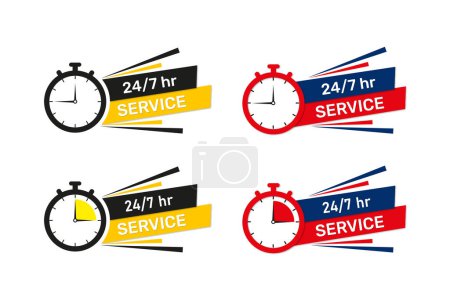 Illustration for Vector everyday 24 7 hours service assistance label with clock. - Royalty Free Image