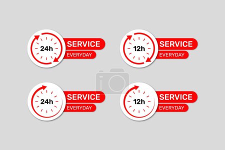 Illustration for Vector everyday 24 and 12 hours service assistance label with clock. - Royalty Free Image